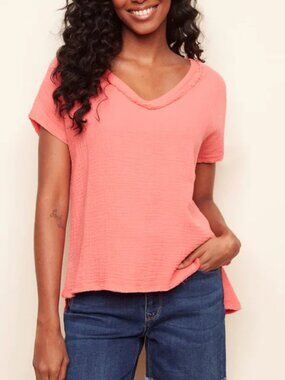 CHARLIE B Gauzy Cotton T-Shirt V-Neck Dolman SS Raw Hem Coral Pink Womens Medium